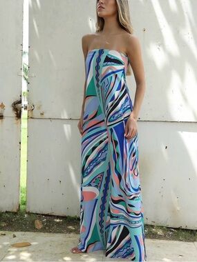 Strapless Maxi Dress with Blue, Green & Pink Abstract Print